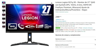 Monitor Gaming Lenovo Legion R27q-30 de 27'' QHD con EyeSafe, 165Hz, 0.5ms, Altavoces por 249,99€