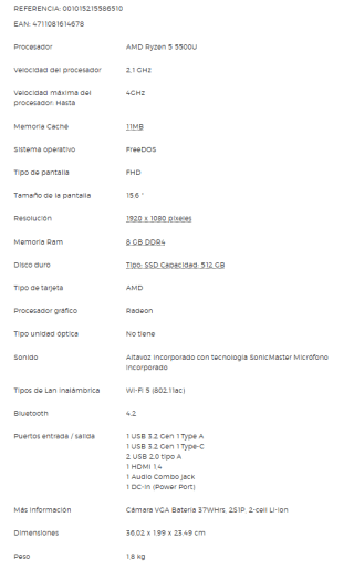 Portátil ASUS M515UA-BQ384, Ryzen 5-5500U, 8GB , 512GB SSD por 314,50€