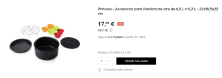 Princess - Accesorios para Freidora de aire de 4,5 L a 5,2 L por 17.99€