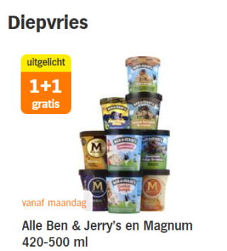 Alle Ben & Jerry's en Magnum 420-500 ml 1+1 gratis bij de AH