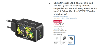 UGREEN Nexode USB C-Charger 65W GaN-oplader 3-poorts voor €25,99 met Amazon prime
