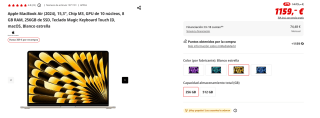 Apple MacBook Air (2024), 15,3", Chip M3, GPU de 10 núcleos, 8 GB RAM, 256GB de SSD, Teclado Magic Keyboard Touch ID por 1.159€