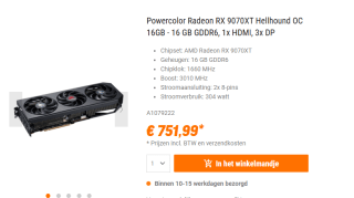 PowerColor HELLHOUND AMD Radeon RX 9070 XT 16GB Videokaart voor €751,99 bij NBB