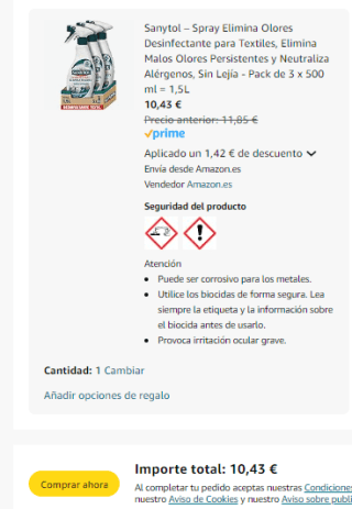 3 Sprays Sanytol Elimina Olores Desinfectante para Textiles por 10,43€