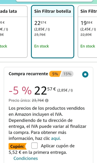 Pack de 24×33cl El Aguila sin filtrar por 17,05€.