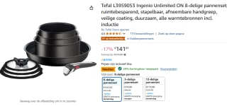 Tefal L39590 Ingenio Unlimited ON 8-delige pannenset voor €113,32 via Amazon