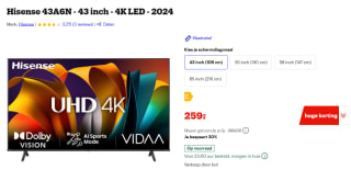 Hisense 43A6N tv 109,2 cm (43") 4K Ultra HD Smart TV Wifi Zwart voor €259 bij Bol.