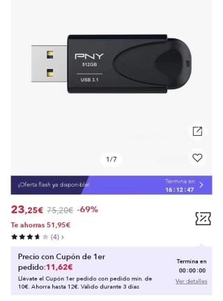 PNY Memoria USB Attaché 4 3.1, Negro, 512 GB por 23,25€.