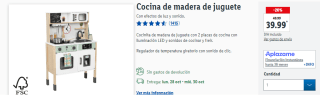 Cocinita de madera de juguete con 2 placas de cocina con iluminación LED y sonidos de cocinar y freír por 29.9€