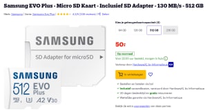 Samsung EVO Plus 512GB MicroSDXC 130MB/s + SD adapter voor €31,99 bij bol.com