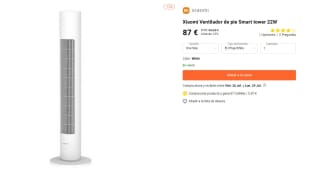 Xiaomi Smart Tower Fan Ventilador Torre 22W por 87€