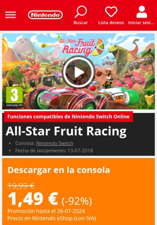 All-Star Fruits Racing Nintendo Switch por 1,49€.
