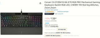 Corsair K70 RGB PRO Gaming Toetsenbord Cherry MX Red Qwerty voor €139,99 bij Amazon