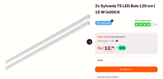 Sylvania T5 LED Buis 120 cm 15 W 4000 K 2 stuks voor €12,95 bij iBOOD