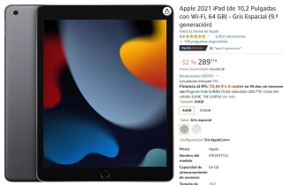 Tablet Apple 2021 iPad de 10,2 Pulgadas con Wi-Fi con 64 GB por 289,77€