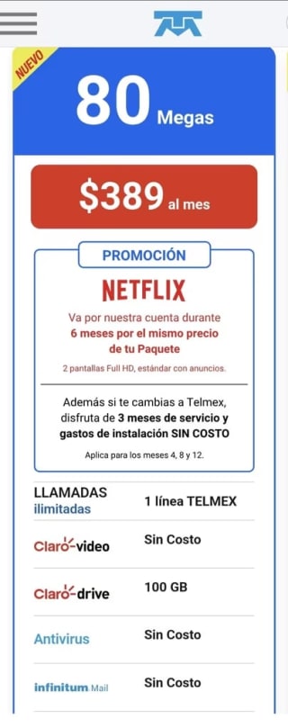 3 Meses Gratis Telmex (Instalación Sin Costo 6 meses de Netflix y 80mb) por $389 al mes