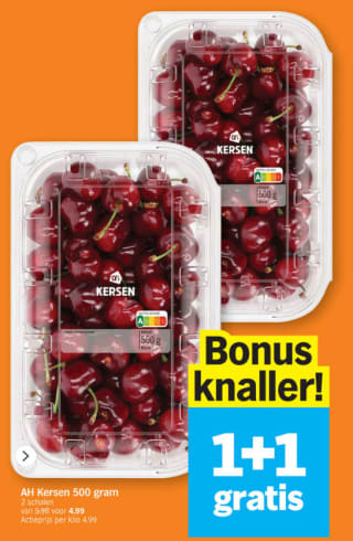 1+1 gratis op kersen (€4,99/kg) bij AH