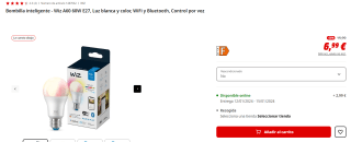 Bombilla inteligente Wiz A60 60W E27, Luz blanca y color, WiFi y Bluetooth por 6,99€