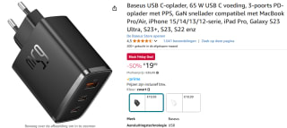 Baseus USB C-oplader 65 W voor €19,99 bij Amazon