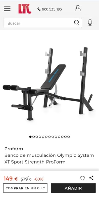 Banco de musculación Olympic Proform Sport XT por 149€.