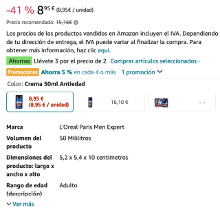 3UD.L'Oréal Crema hidratante Antiarrugas y antienvejecimiento Hombre por 17€