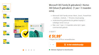Microsoft 365 Family [6 gebruikers] + Norton 360 Deluxe [5 gebruikers] - [1 jaar + 3 maanden extra] voor €51,99 bij Nbb