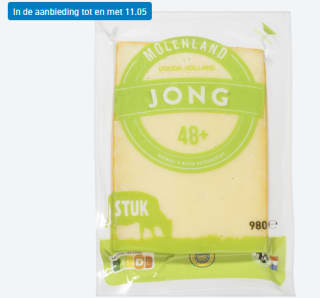 Molenland Goudse kaas 48+ stuk jong 980 gram voor €6,49 bij de Aldi