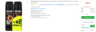 Déodorant dark temptation parfum chocolat AXE le lot de 2 sprays de 200mL