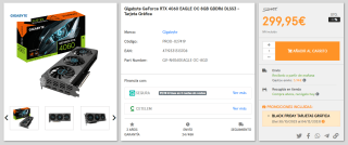 Tarjeta Gráfica Gigabyte GeForce RTX 4060 EAGLE OC 8GB GDDR6 DLSS3 por 275,95€