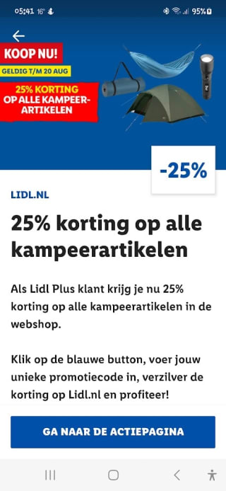25% korting op kampeerartikelen dmv code via de Lidl Plus app