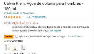 Calvin Klein, Agua de colonia para hombres de 150 ml por 18,90€