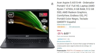 Portátil Acer Aspire 5 A515-44 con AMD Ryzen 7 4700U de 8GB/512GB SSD por 449,99€
