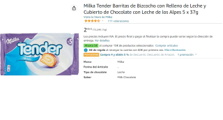 7 Paquetes de Barritas Tender milk Milka 5 ud. por 11.29€