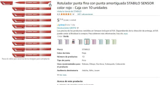 Pack de 10 Rotulador Punta Fina con Punta Amortiguada SENSOR STABILO Rojo por 5,75€.