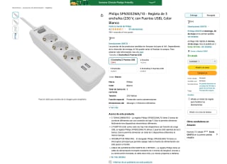Regleta Philips SPN3032WA/10 de 3 enchufes 230V con Puertos USB), Color Blanco por 7,59€