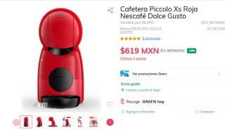 Cafetera Piccolo Xs Roja Nescafé Dolce Gusto por $619 en Sears