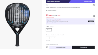 Pala de pádel Pegasus 1K Limited Edition Siux núcleo Black Eva Soft por 75.59€ (Cuenta Nueva 63.59€)
