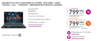 Portátil Gaming Gigabyte G5 KF5-53ES354SD i5-13500H - RTX 4060 - 16GB - 1TB SSD - 15,6´´ por 799,99€