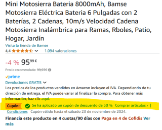 Mini Motosierra Bateria 8000mAh Bateria 6 Pulgadas con 2 Baterías, 2 Cadenas por 47,99€