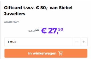Giftcard t.w.v. € 50,- van Siebel Juweliers voor €27,50 bij Actievandedag