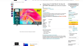 Tv 55" Qled Hisense 55E77KQ UltraHD 4K HDR Smart TV por solo 407€