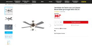 Ventilador de Techo con Luz 5 Aspas reversibles gris/nogal Velva 132cm por solo 36,95€