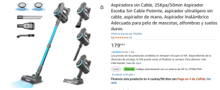 Aspiradora sin Cable, 25Kpa/50min 6 en 1 por 89,99€