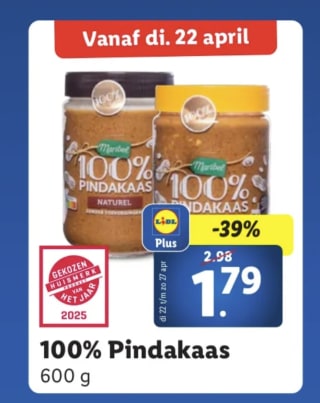 100% Pindakaas 600 gram voor 1,79 euro ( dmv lidl plus )