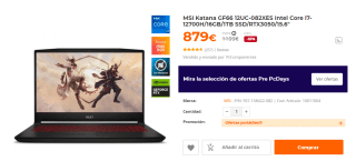 Ordenador Portatil MSI Katana GF66 12UC-082XES con Intel Core i7-12700H de 16GB/1TB SSD por 879€