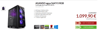 AGANDO agua 5647r5 RGB Gamingkracht met RTX 4070 voor €1.099 in de Agando-shop