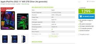 Apple iPad Pro (2022) 11" Wi-Fi 2TB Zilver voor €1299 bij Megekko