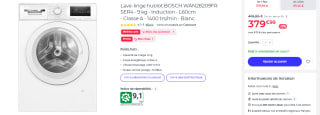 Lave-linge hublot Bosch Serie 4 WAN28209FR- 9 kg, Moteur à Induction, L60 cm, 1400 trs/min à 379,99€