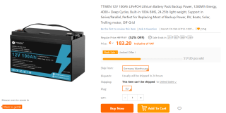 TTWEN 12V 100Ah LiFePO4 Lithium Battery Pack Backup 1280Wh voor €183,20 bij Tomtop