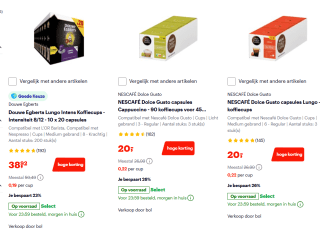 Koffie van oa Douwe Egberts, Dolce Gusto en L'or 30% korting bij Bol
